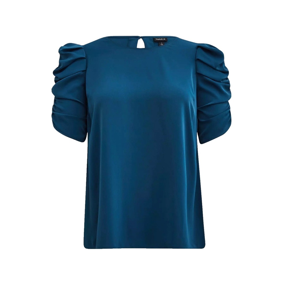 Torrid Tops Blouse 1X Blue Studio Crepe De Chine‎ Ruched Sleeve NWT